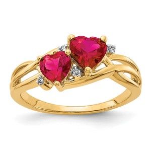 14k Yellow Gold Lab Created Red Ruby & Diamond Double Heart Ring (Size 7)
